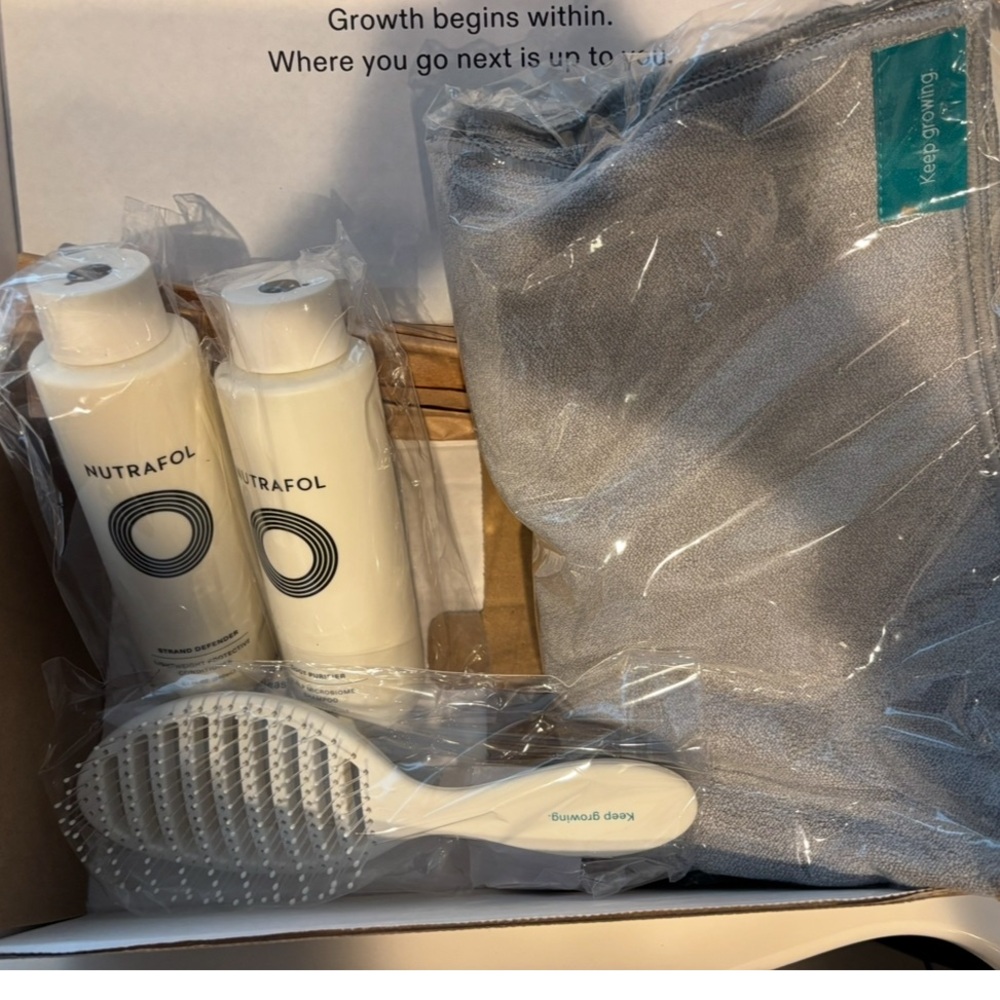 NEW IN BOX Nutrafol shampoo, conditioner, microfiber towel and brush.